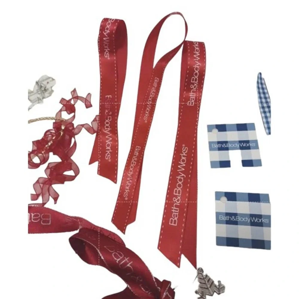 16 pc Bath & Body Works Ribbons & Tags Blue Gingham Pattern & Red &‎ Star Crafts